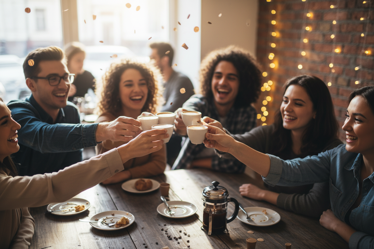 People holding 4 Cute small sample coffee cups cheering 